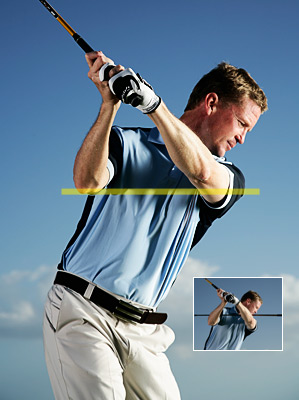 To swing the club properly around your body (and keep fat shots and slices at bay), think about keeping your elbows level at the top.
